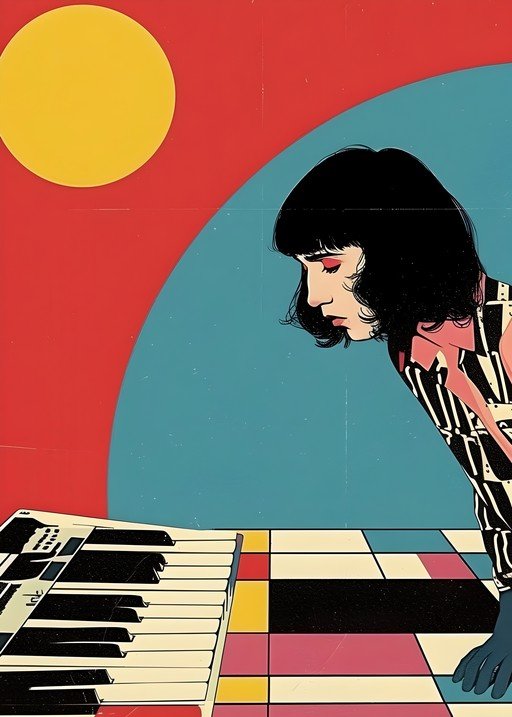 Woman Playing Keyboard in Abstract Geometric Setting