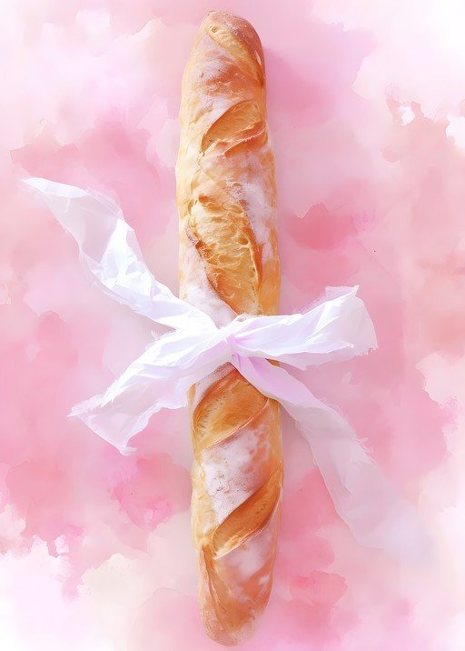 Baguette with White Ribbon on Pink Watercolor Background