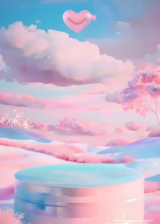 Dreamy Pink and Blue Landscape with Heart Balloon