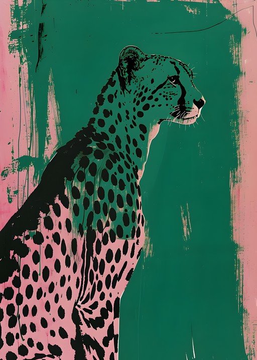 Stylized Cheetah Portrait in Green and Pink