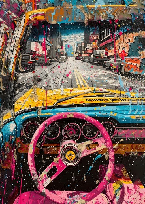 Vibrant Street Scene from a Car's Perspective