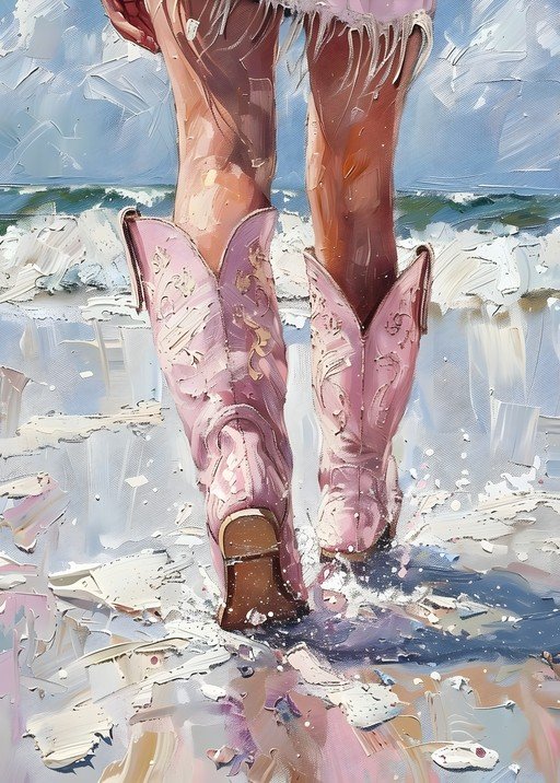 Cowgirl Boots Splash Through Beach Waves
