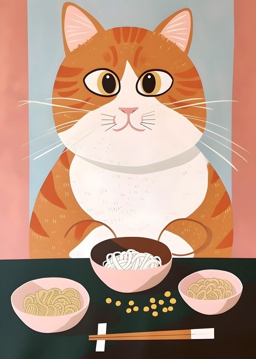 Cute Cat Ready to Eat Noodles