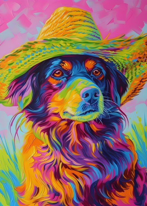 Vibrant Dog Portrait with Straw Hat