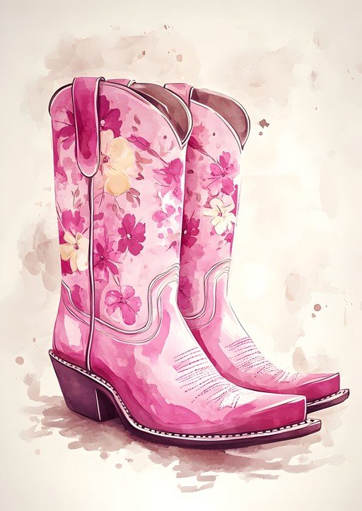 Pink Floral Cowboy Boots Watercolor Art