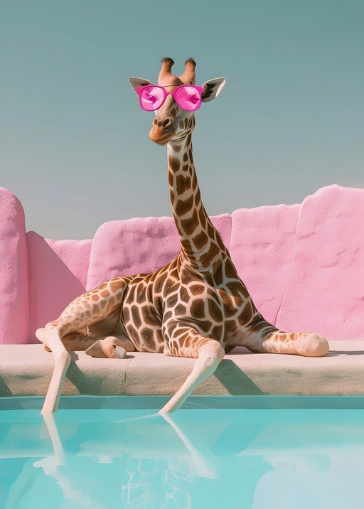 Giraffe in Pink Sunglasses Relaxing by Pool