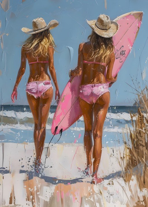 Two Surfer Girls in Pink Shorts and Cowboy Hats on Beach