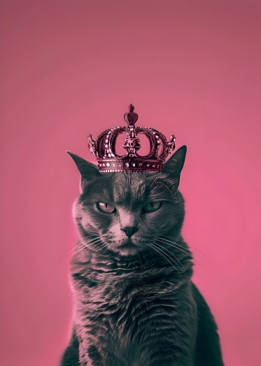 Regal Cat Wearing a Crown on Pink Background