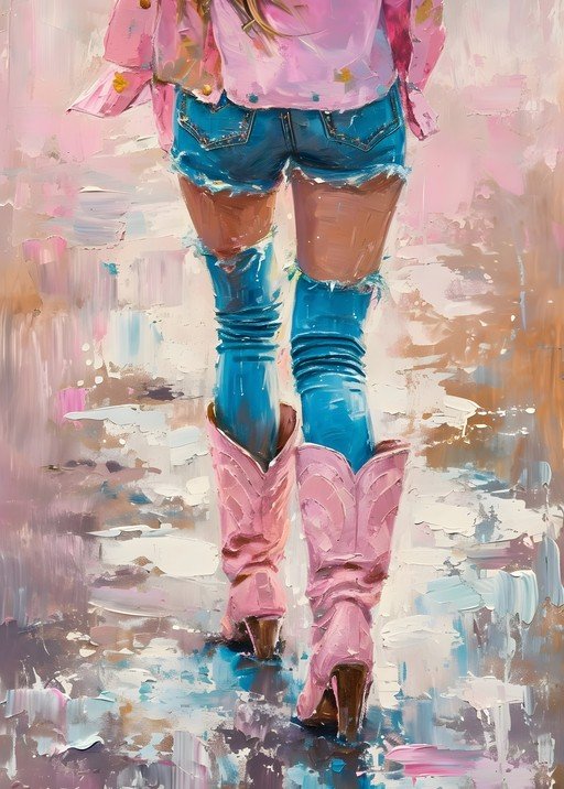 Woman in Pink Jacket, Ripped Jeans, and Pink Boots