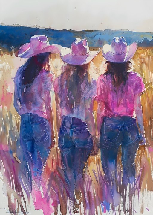 Three Women in Cowboy Hats Walking Through a Field