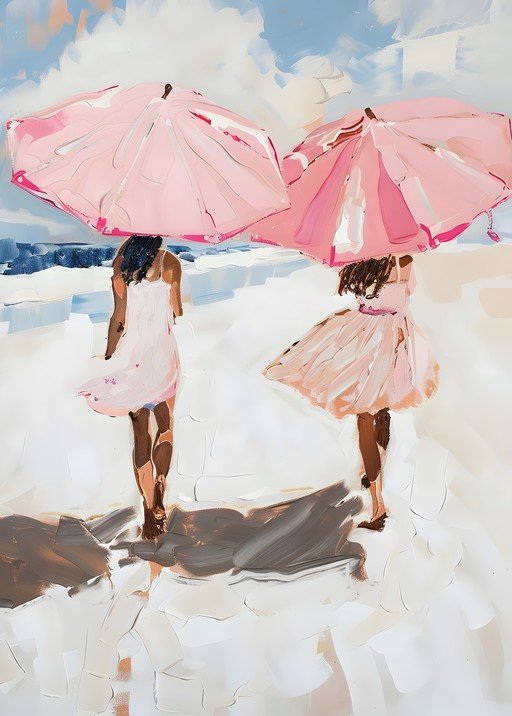 Two Women with Pink Umbrellas on a Beach
