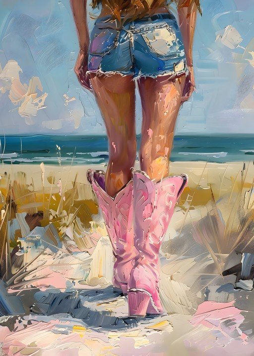 Cowgirl on Beach in Pink Boots