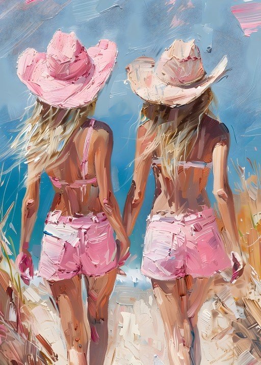 Two Women in Pink Cowboy Hats on a Beach
