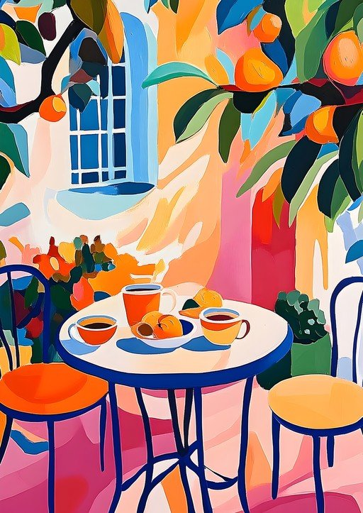 Vibrant Outdoor Cafe Scene with Oranges and Coffee
