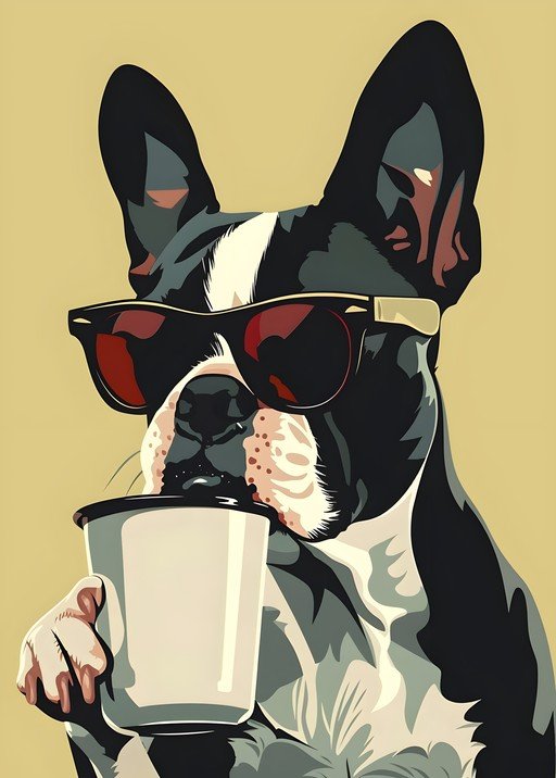 Boston Terrier Enjoys Coffee in Sunglasses