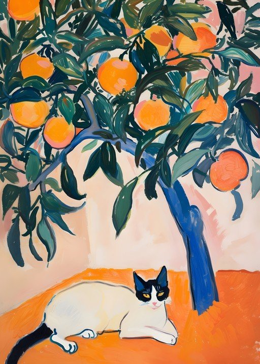 Cat Under Orange Tree Painting