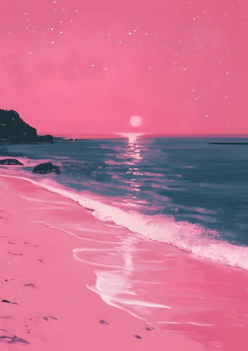 Pink Sunset Beach with Ocean Waves and Stars