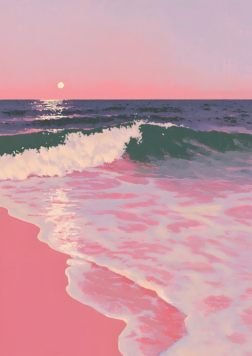 Pastel Sunset Over Pink Beach and Ocean Waves