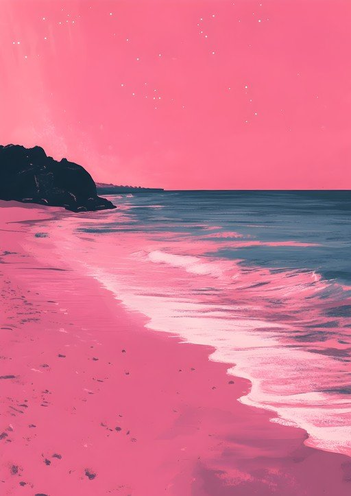 Pink Beach at Dusk with Starry Sky