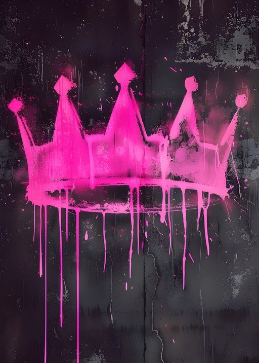Vibrant Pink Crown Graffiti on Dark Textured Wall