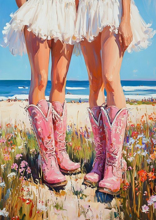 Two Women in Pink Cowboy Boots at the Beach