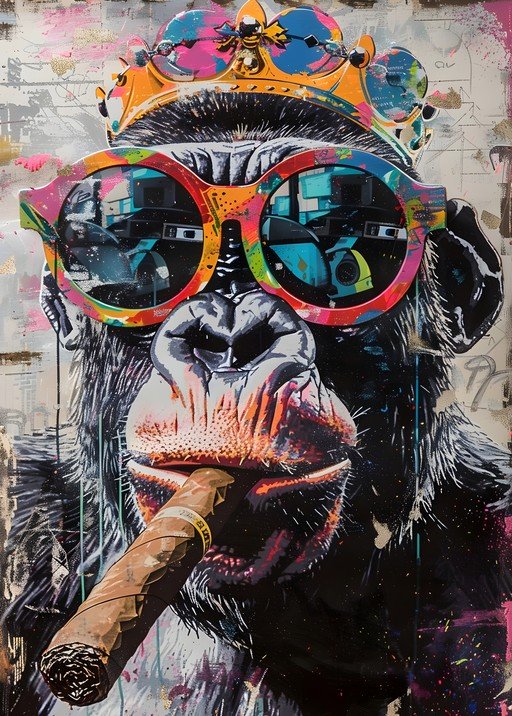 King Chimpanzee Smoking Cigar with Crown and Sunglasses