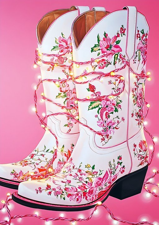 Floral Cowboy Boots with Festive Lights