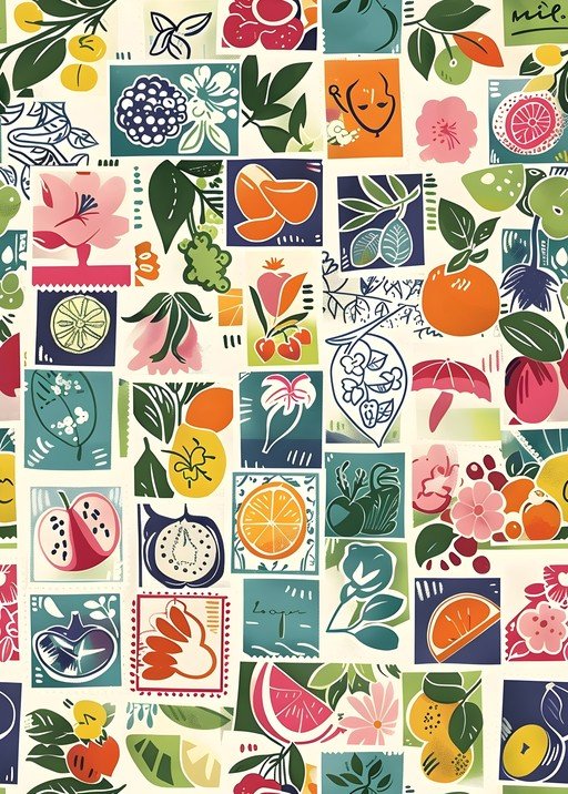 Vibrant Fruit and Floral Collage Pattern