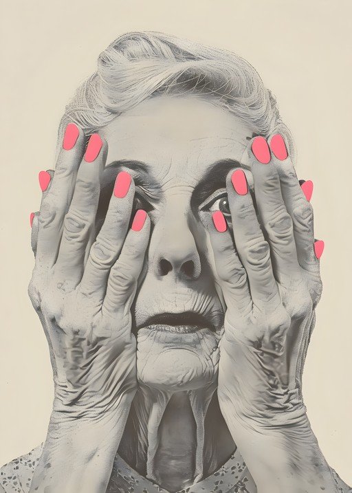 Elderly Woman's Face Covered by Hands with Bright Pink Nails