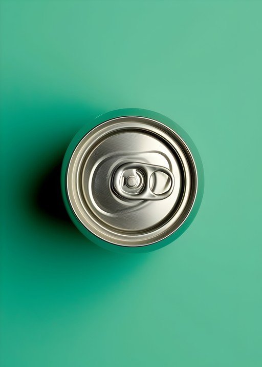 Top-down view of a teal soda can