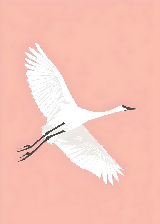 Elegant White Crane in Flight Against Soft Pink Background