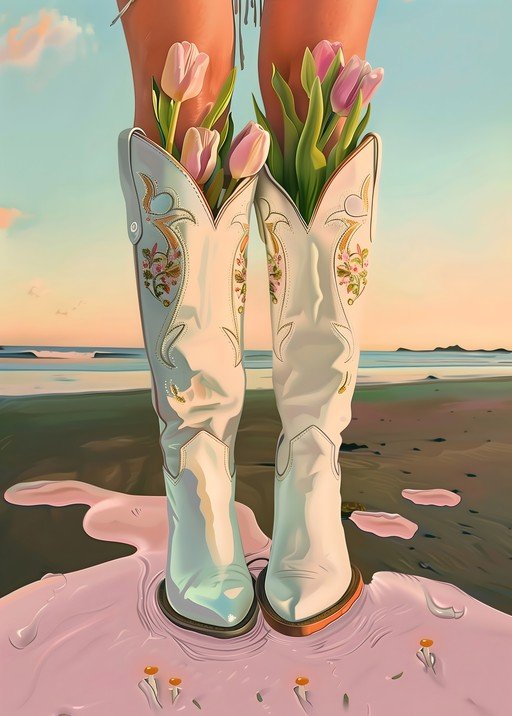 Cowboy Boots with Tulips on a Beach at Sunset