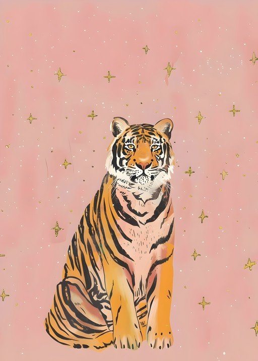 Majestic Tiger Illustration with Golden Stars on Pink Background