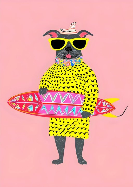 Surfing Dog in Yellow Outfit with Surfboard