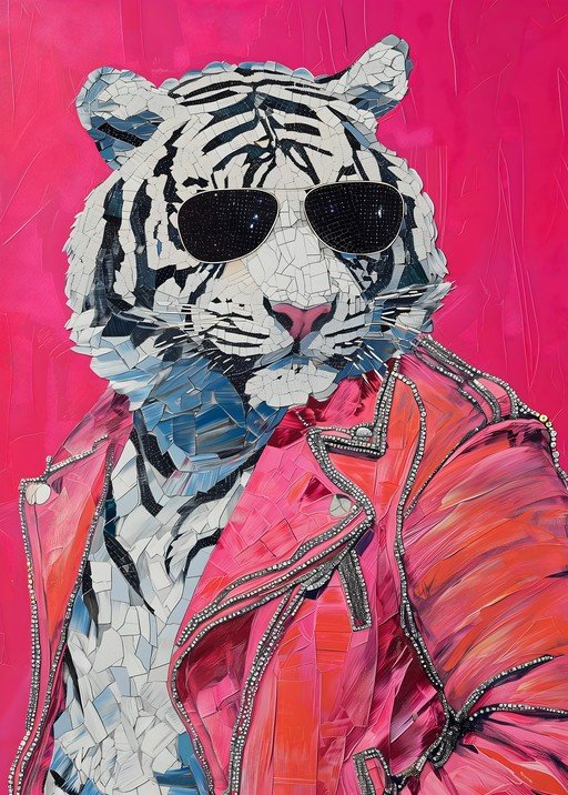 Glamorous White Tiger in Pink Jacket and Sunglasses