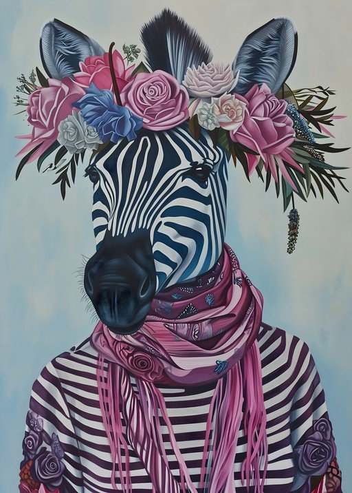 Zebra adorned with floral crown and scarf