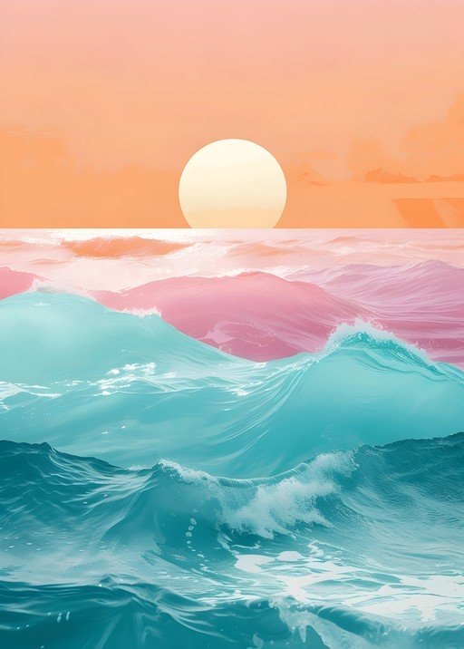 Surreal Sunset Over Pink and Teal Ocean Waves