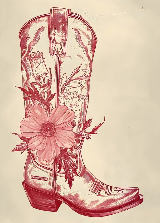 Red Cowboy Boot with Floral Embellishments