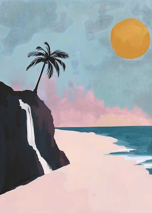 Tropical Waterfall Beach Scene with Palm Tree and Sun