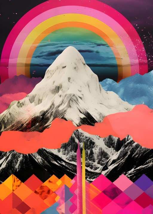 Surreal Mountain Landscape with Rainbow and Geometric Shapes