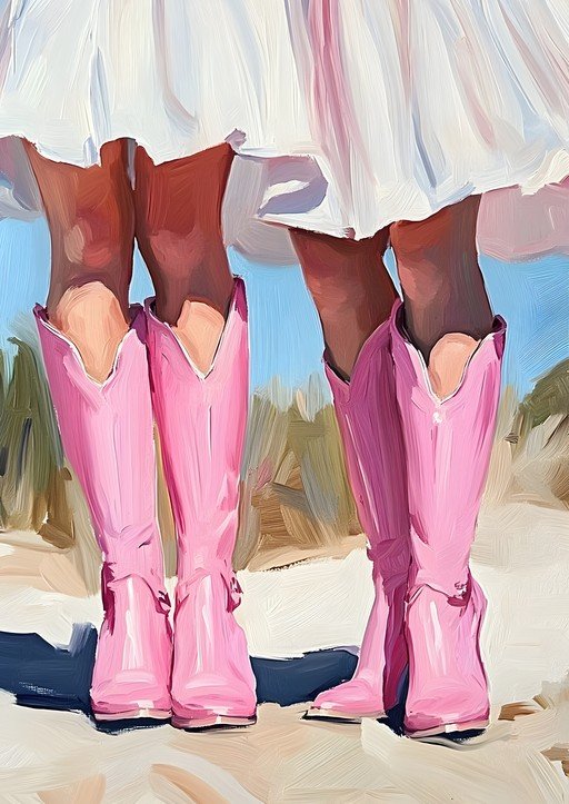 Two Pairs of Pink Cowboy Boots on a Beach