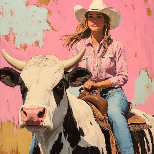 Cowgirl Riding a Cow with Pink Background