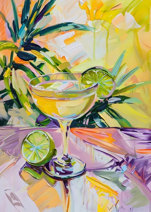 Impressionist Cocktail with Limes and Tropical Leaves