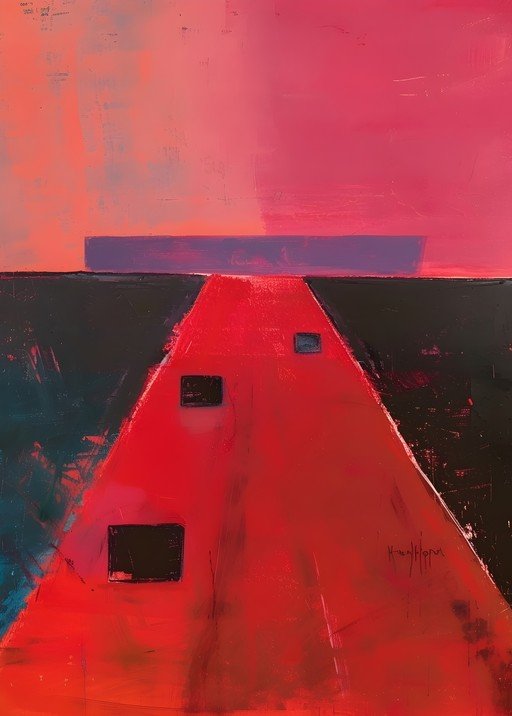 Abstract Red and Pink Landscape with Geometric Forms