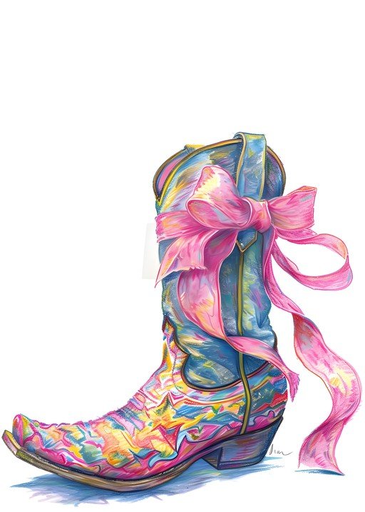 Whimsical Cowboy Boot with Pink Ribbon