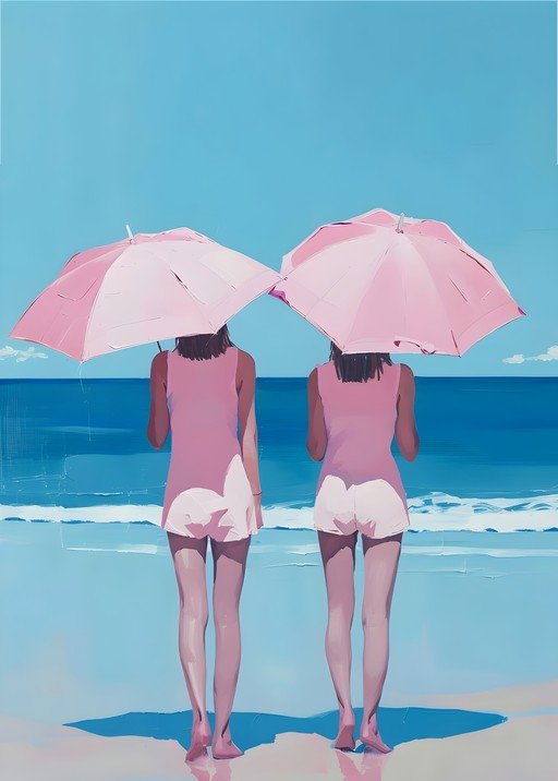 Two Women with Pink Umbrellas on a Beach