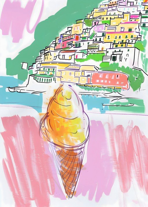 Italian Coastal Town with Ice Cream Cone Illustration