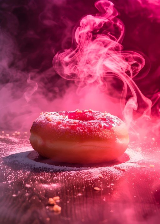Pink Smoke Swirls Around a Glazed Donut