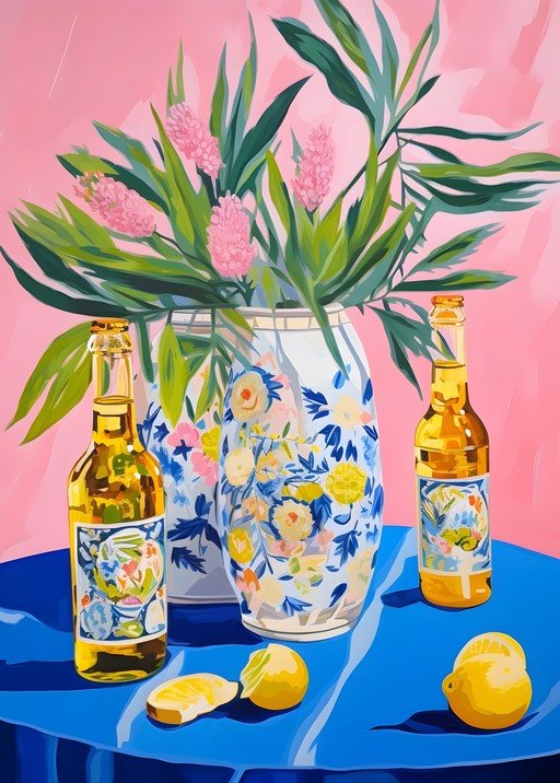 Still Life with Pink Hyacinths, Lemons, and Bottles