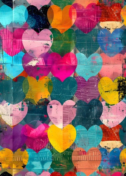 Vibrant Heart Collage with Grungy Texture